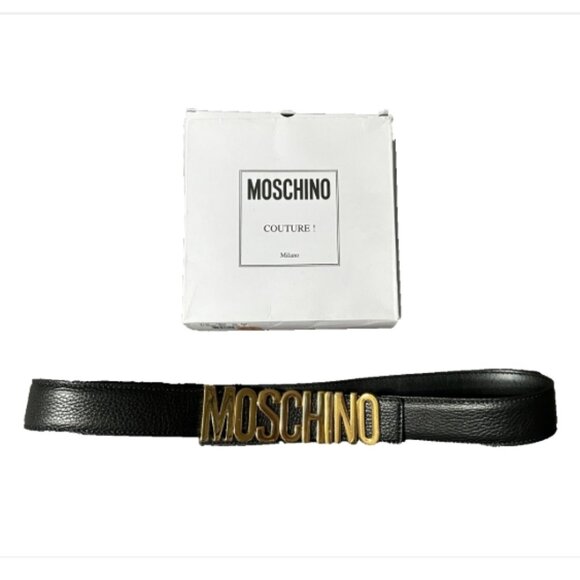 Moschino Logo Plate Belt Leather Patent Black Gold Spell Out Womens Size 48 main image 2